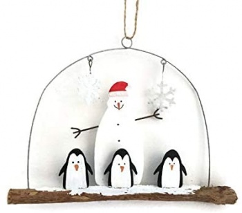 Shoeless Joe Penguins and a Snowman on a Driftwood Hanger Christmas Decoration